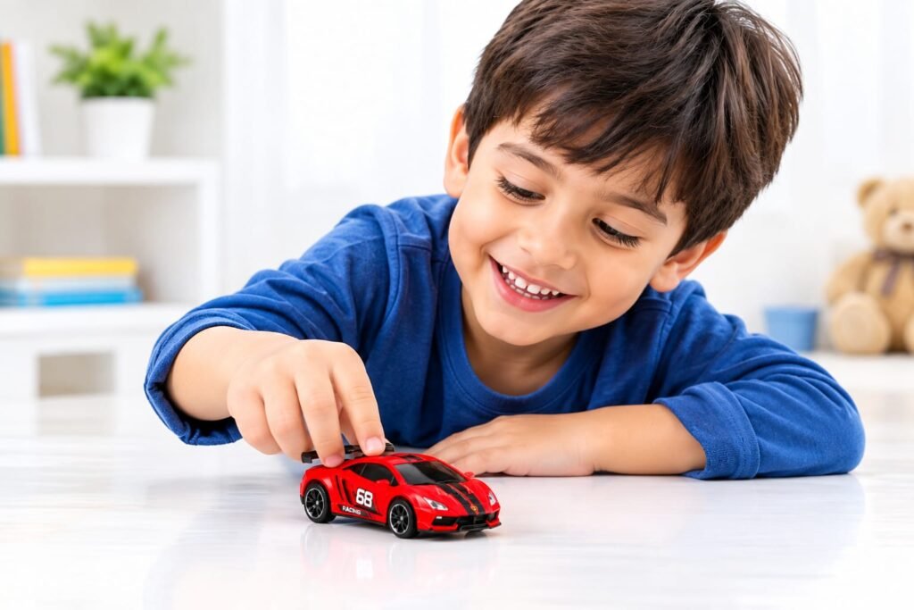 Child playing with racing car toy