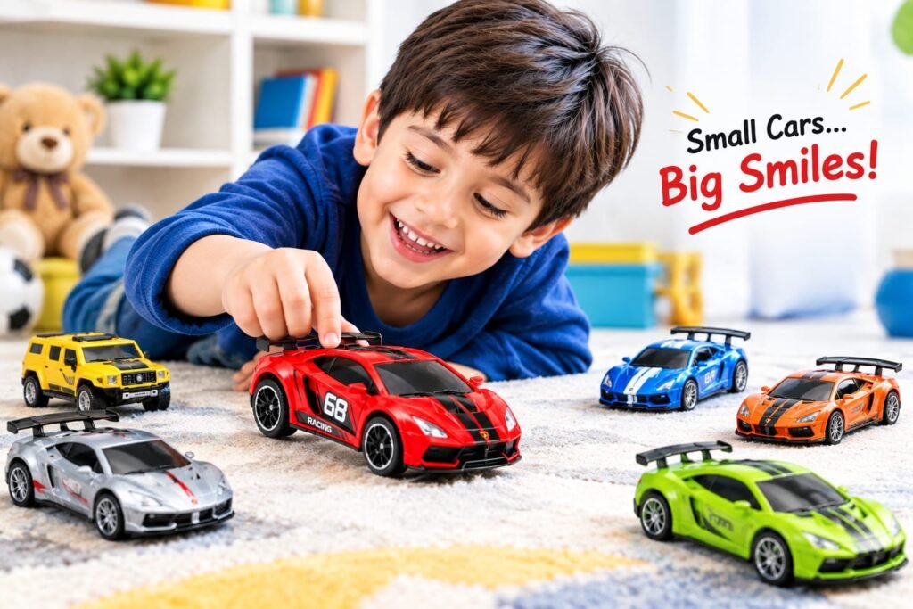 Child playing with racing car toys
